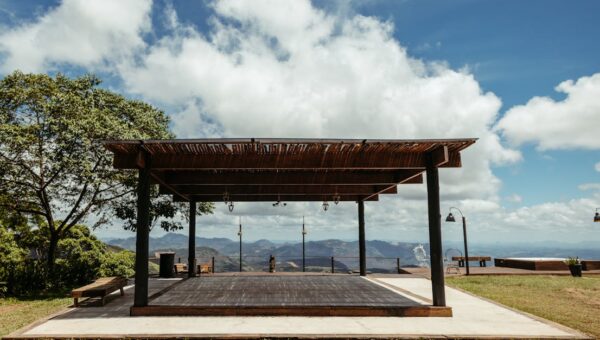 Beautiful open-air structure with lush landscape in Santa Teresa, Brazil.