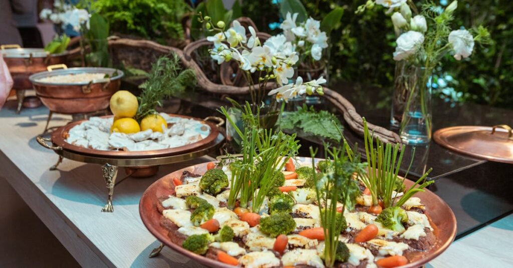 Beautifully presented gourmet dishes garnished with fresh herbs and vegetables, creating a vibrant and inviting display.