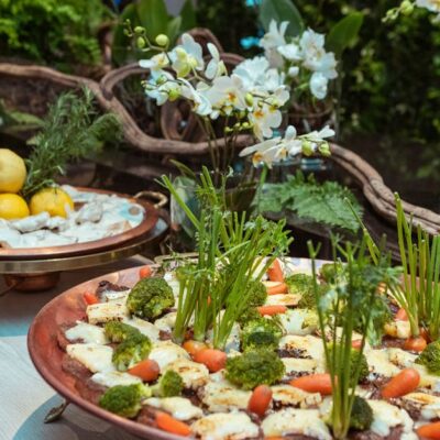 Beautifully presented gourmet dishes garnished with fresh herbs and vegetables, creating a vibrant and inviting display.