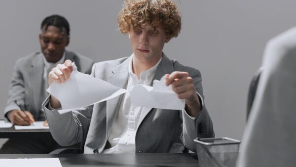 Two employees in suits sitting at desks, one tearing paper.