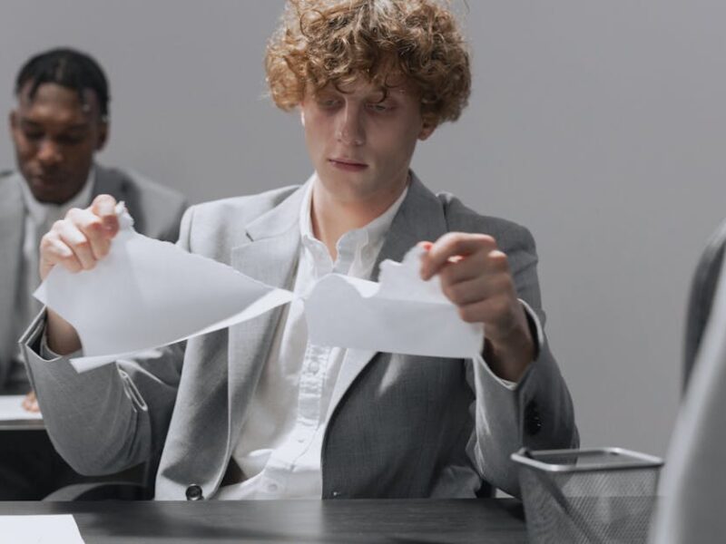 Two employees in suits sitting at desks, one tearing paper.