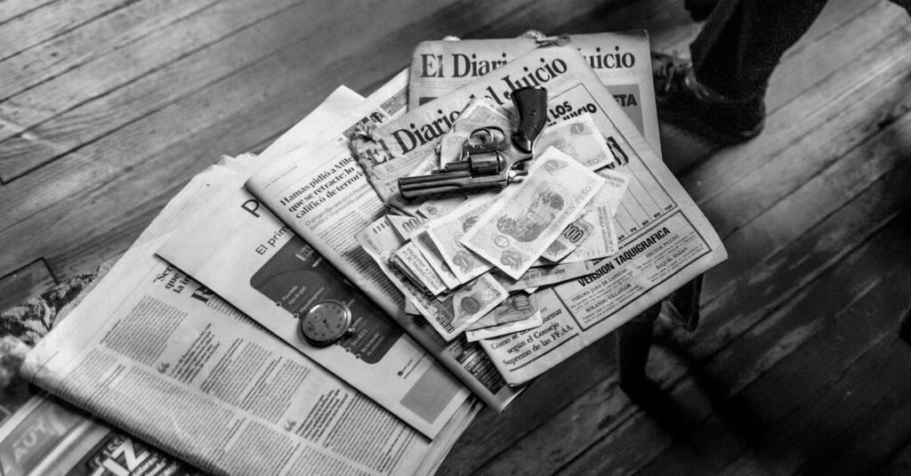 Black and white image featuring currency, newspapers, and a revolver on a wooden surface.