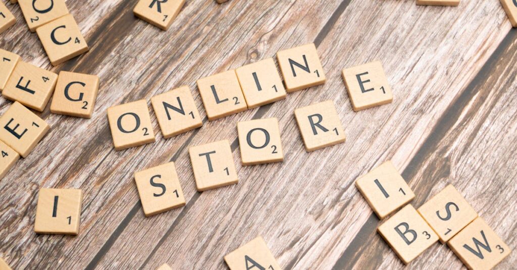 Scrabble tiles spelling 'online store' on a rustic wooden background.