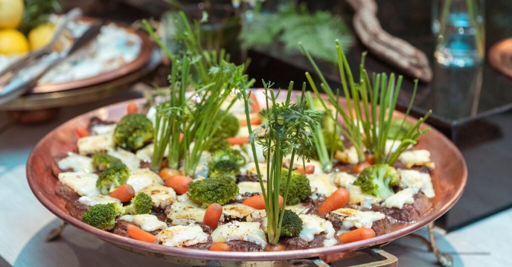 An artistic presentation of vegetables including broccoli, carrots, and greens on a copper platter.