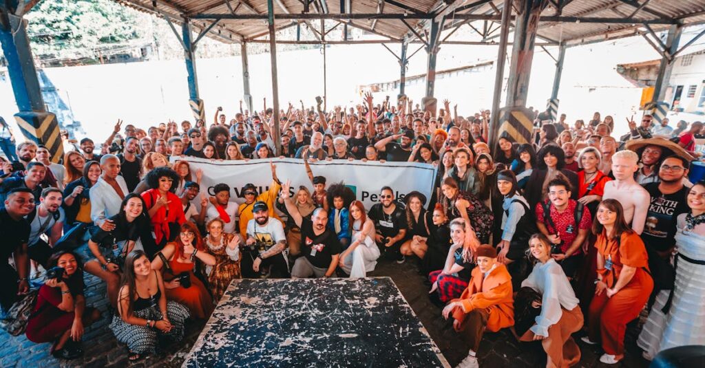 Vibrant group photo in a warehouse in Rio de Janeiro showcasing diversity and togetherness.