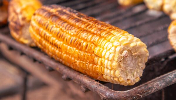 Close-up of grilled corn on the cob over a charcoal grill, capturing its golden texture and appetizing look.