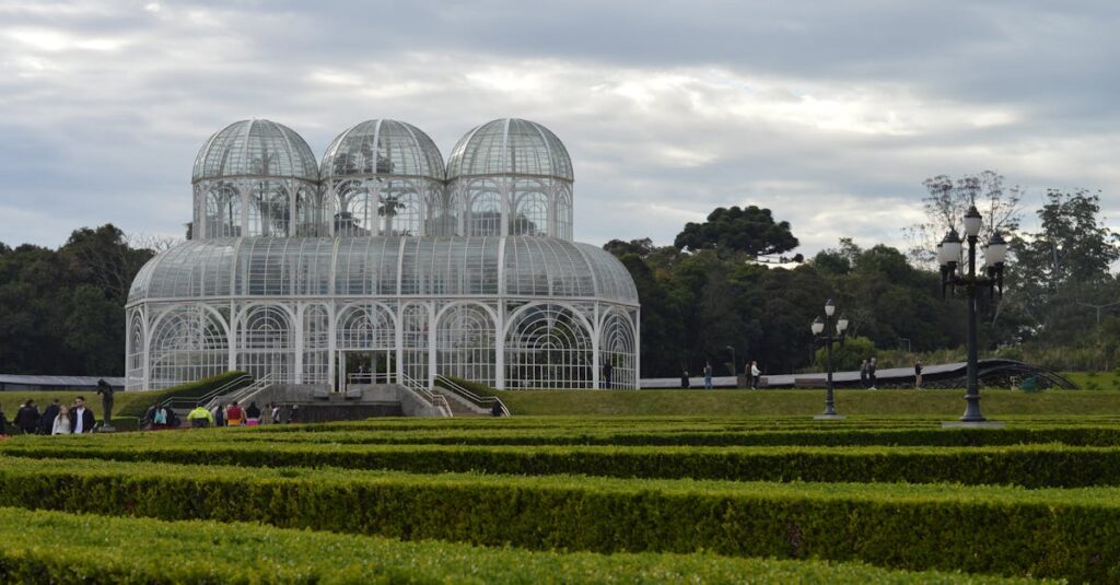 Iconic glasshouse structure in Curitiba's Botanical Garden, Brazil.