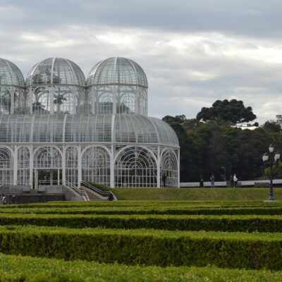 Iconic glasshouse structure in Curitiba's Botanical Garden, Brazil.