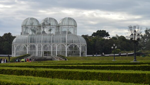 Iconic glasshouse structure in Curitiba's Botanical Garden, Brazil.