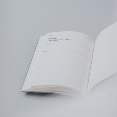 From above of opened notebook with empty pages placed on white working table