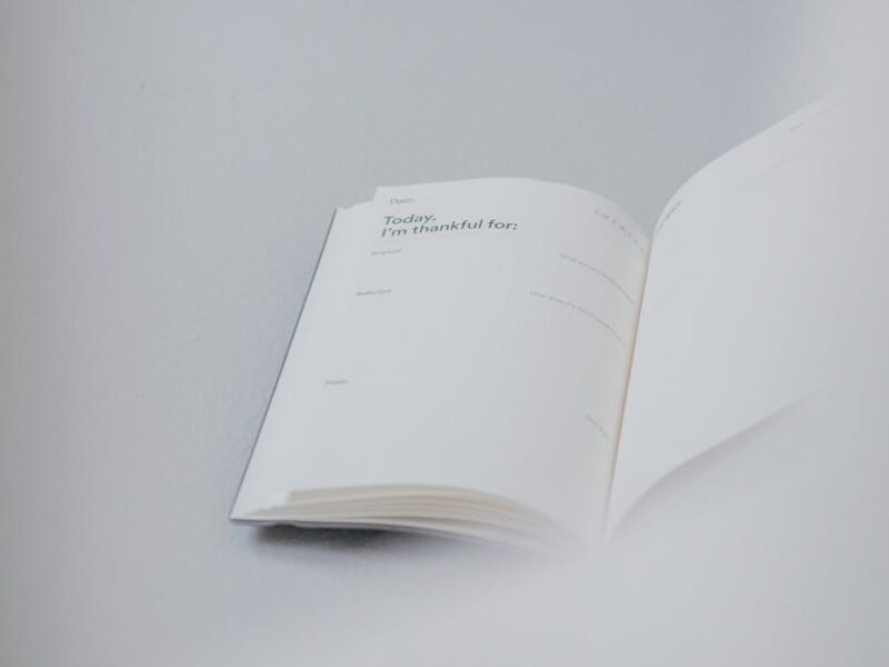 From above of opened notebook with empty pages placed on white working table