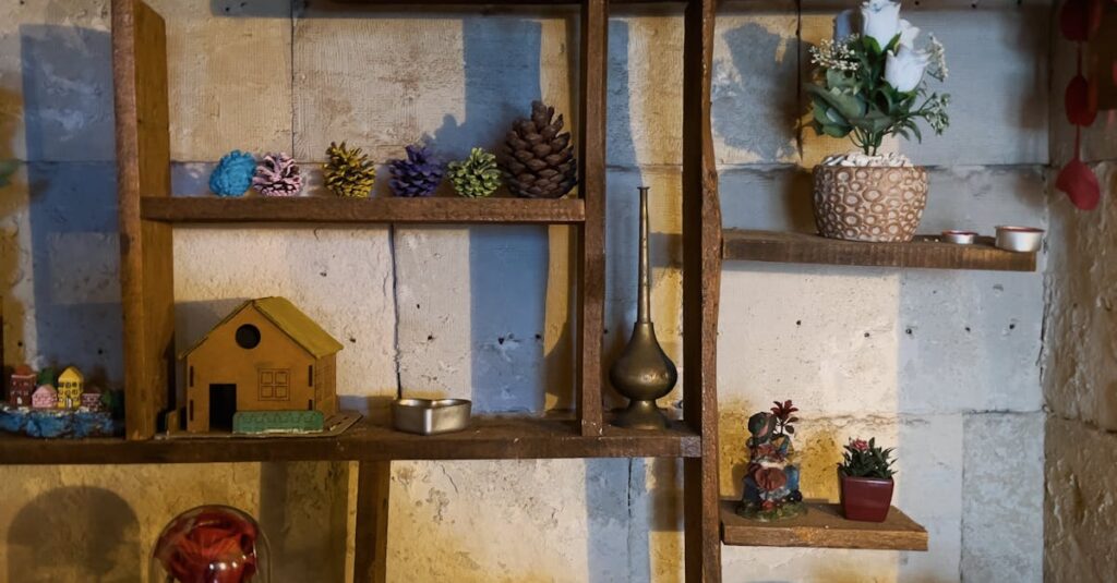 Rustic wooden shelf adorned with ornaments, plants, and decorative objects, creating a cozy indoor ambiance.