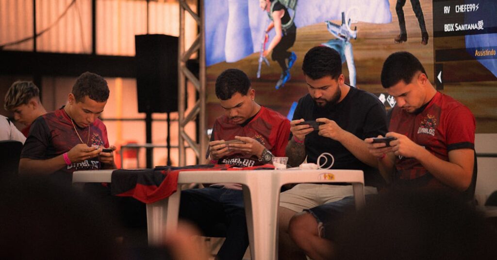 Group of gamers intensely focused during a mobile e-sports tournament indoors.