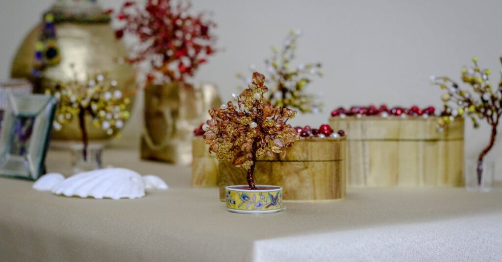 Elegantly crafted beaded tree as part of a decorative table setting.