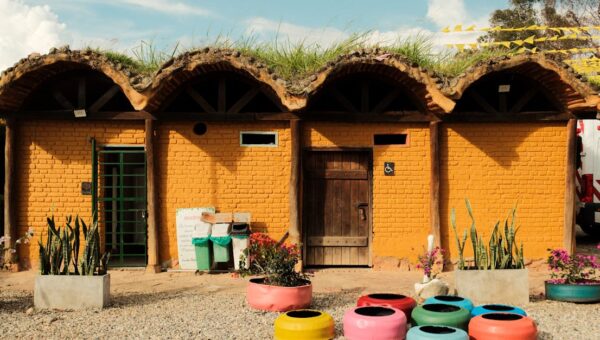 Vibrant outdoor structure with eco-friendly green roof and colorful decorations, showcasing sustainable architecture.