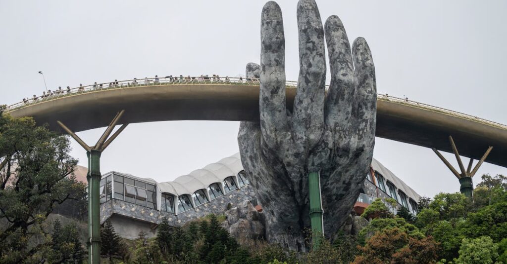 Stunning view of the famous Golden Bridge at Đà Nẵng, an iconic tourist attraction in Vietnam.