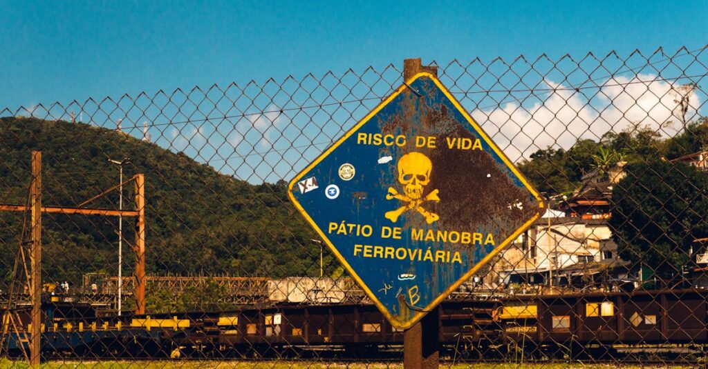 Rusty danger sign at a railway yard in São Paulo, Brazil under a bright blue sky.