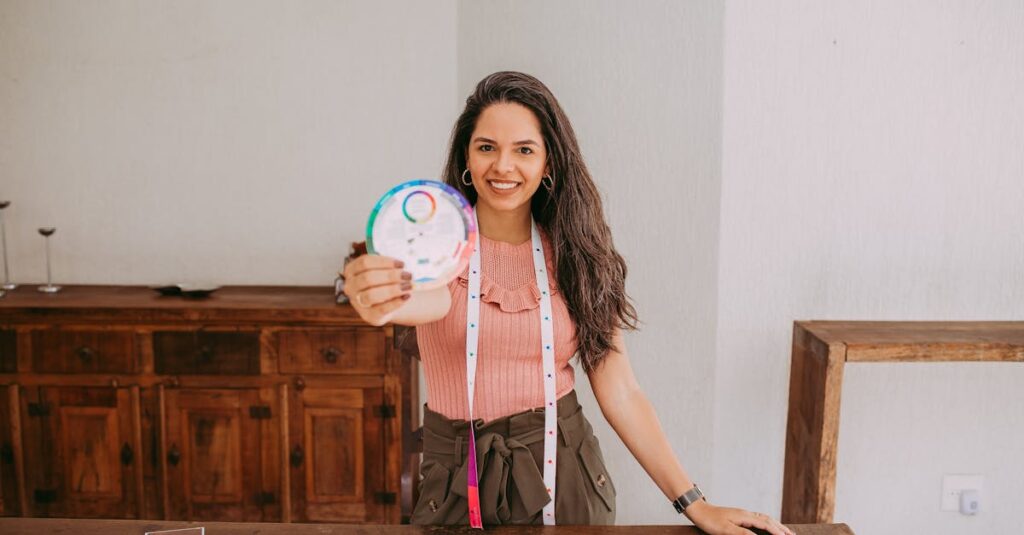 Smiling woman displaying a color wheel at a table with fabric samples in a workshop setting.