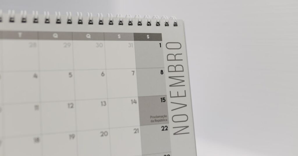 5 Dicas para Organizar sua Rotina de Trabalho em Casa 2 Close-up image of a November calendar page, featuring a minimalist design.