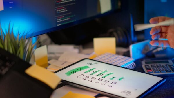 A cluttered desk with a tablet showing a to-do list, monitor showing code, and office supplies.
