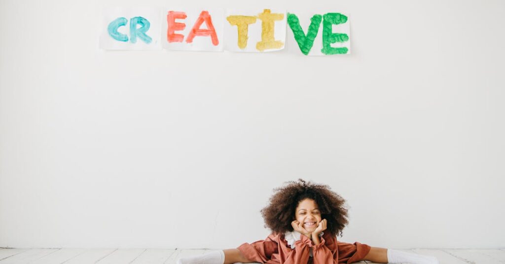 Smiling child engaging in creative art with playful expression indoors.
