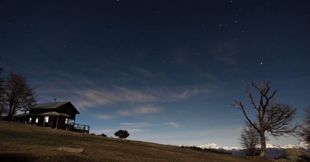 Peaceful starry night scene over a wooden cabin in El Bolsón, Argentina.