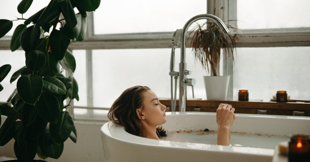 A woman peacefully soaking in a bathtub surrounded by plants and candles, embracing tranquility.