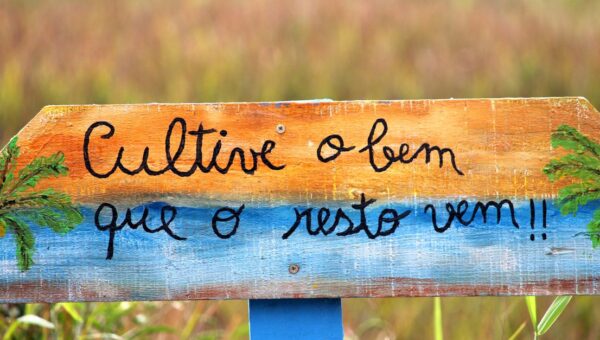 Crafted wooden sign with positive message in a Guaratuba field, Paraná, Brazil.