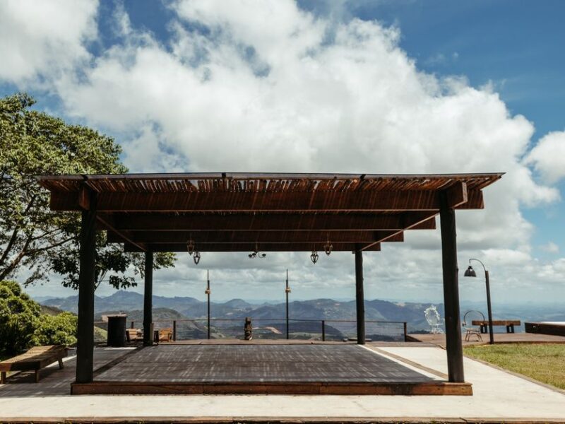 Beautiful open-air structure with lush landscape in Santa Teresa, Brazil.