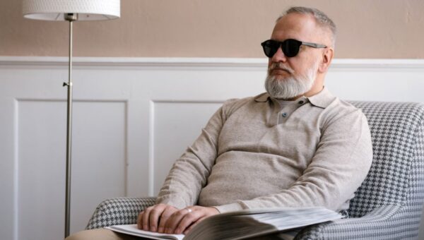 Senior man with sunglasses reading a braille book in a cozy modern interior.