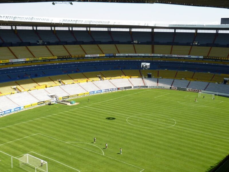 Spacious soccer stadium with green field in Jalisco del Refugio, Mexico.
