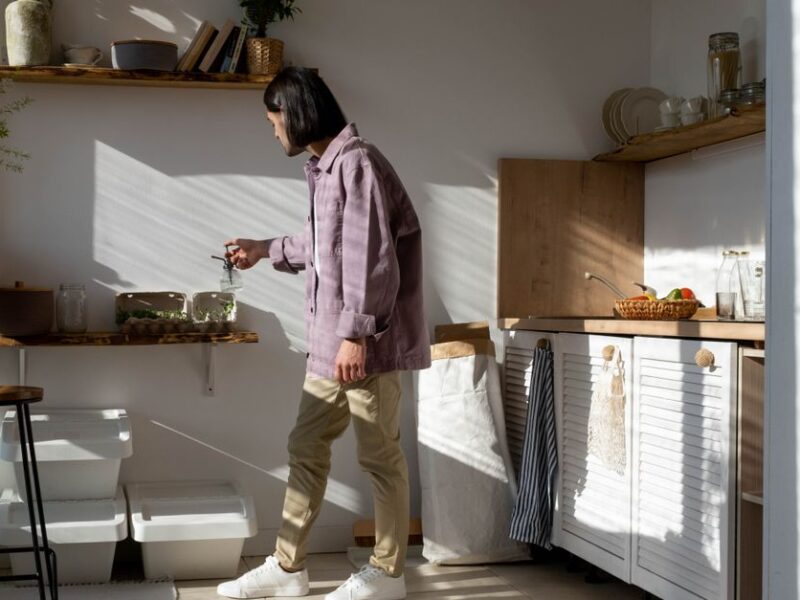 Man in casual wear tending to indoor plants in a sunlit kitchen.