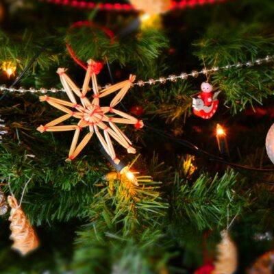 Close-up of a decorated Christmas tree with lights and ornaments, showcasing holiday spirit.