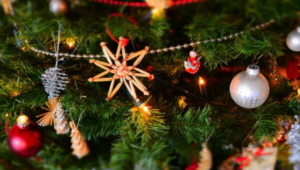 Close-up of a decorated Christmas tree with lights and ornaments, showcasing holiday spirit.