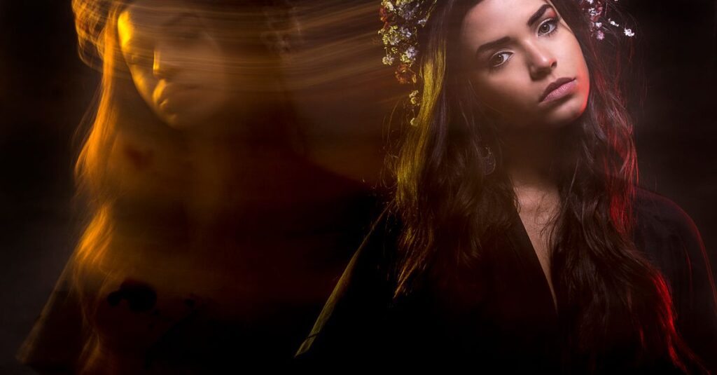 A creative portrait of a woman using long exposure, capturing artistic motion and ambient light.