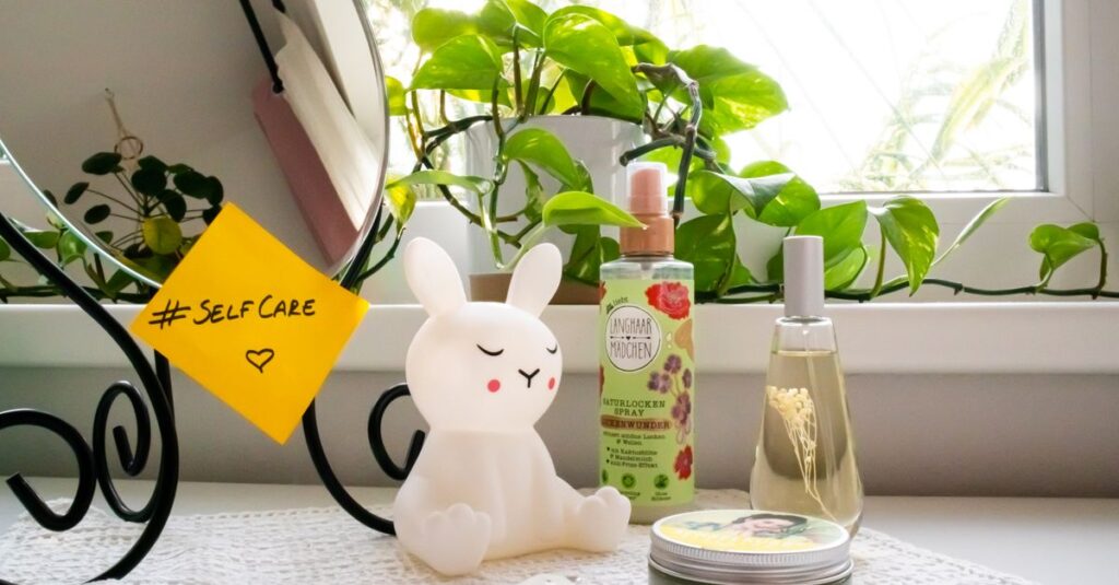 A soothing self-care corner with a bunny lamp, cosmetics, and a mirror, perfect for a relaxing routine.