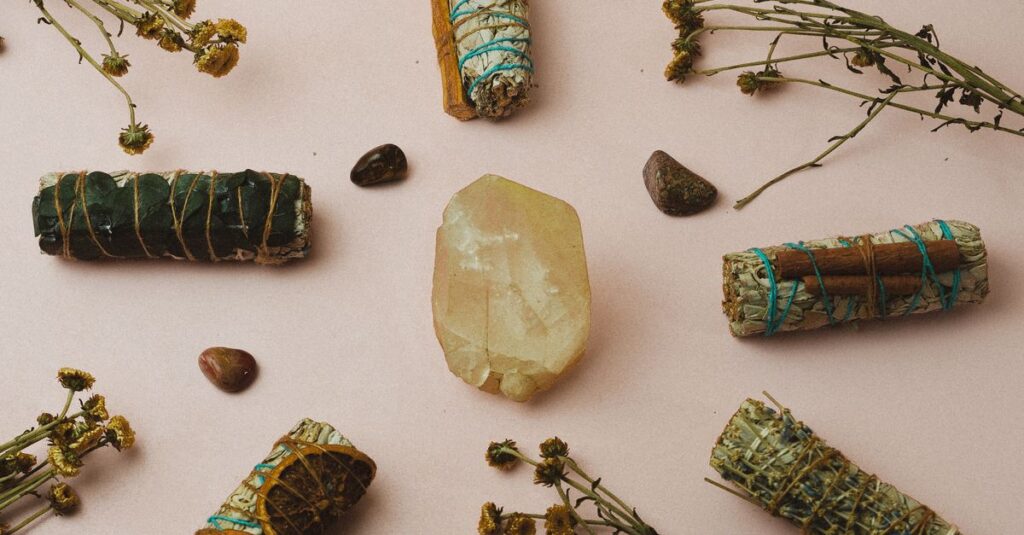 Como Criar um Ritual de Autocuidado para a Alma 2 Healing crystals and herbs arranged on a soft background for a spiritual ambiance and meditation setup.