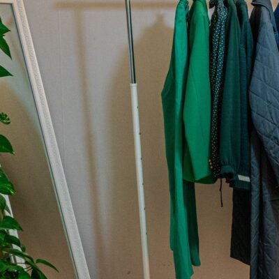 A clothes rack with colorful garments beside a mirror and lush ivy plant indoors.