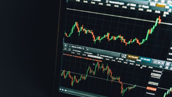 Close-up of a live cryptocurrency trading chart screen displaying dynamic market trends and analysis.